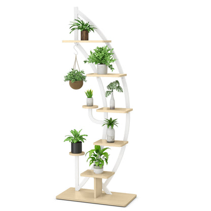 6 Tier 9 Potted Metal Plant Stand Holder Display Shelf with Hook-Natural - White