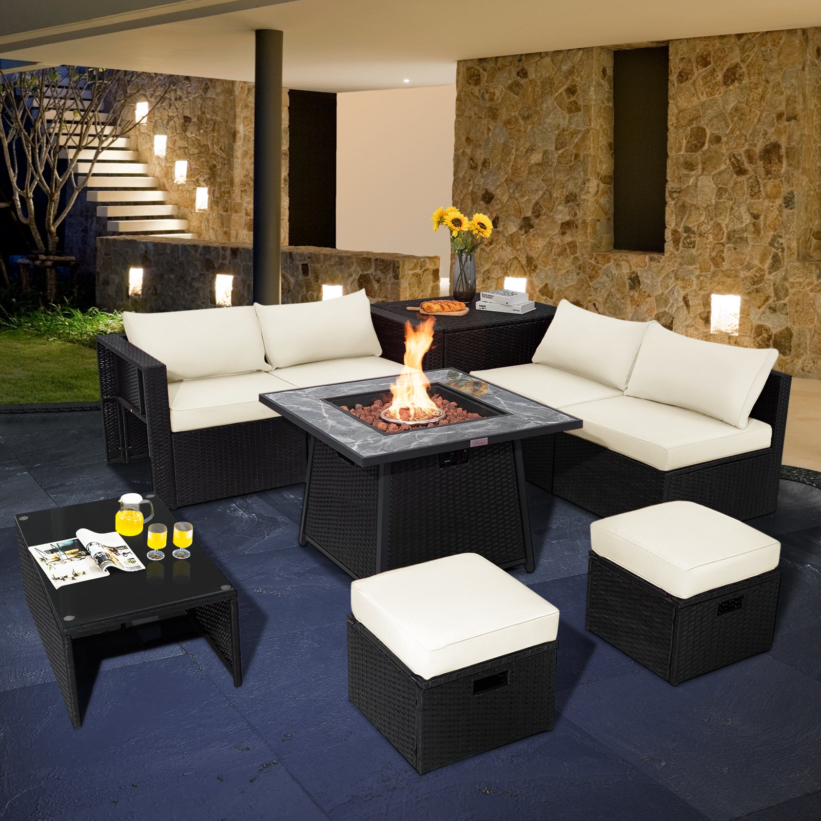 9 Pieces Outdoor Wicker Sectional with 35 Inch Gas Fire Pit Table-White