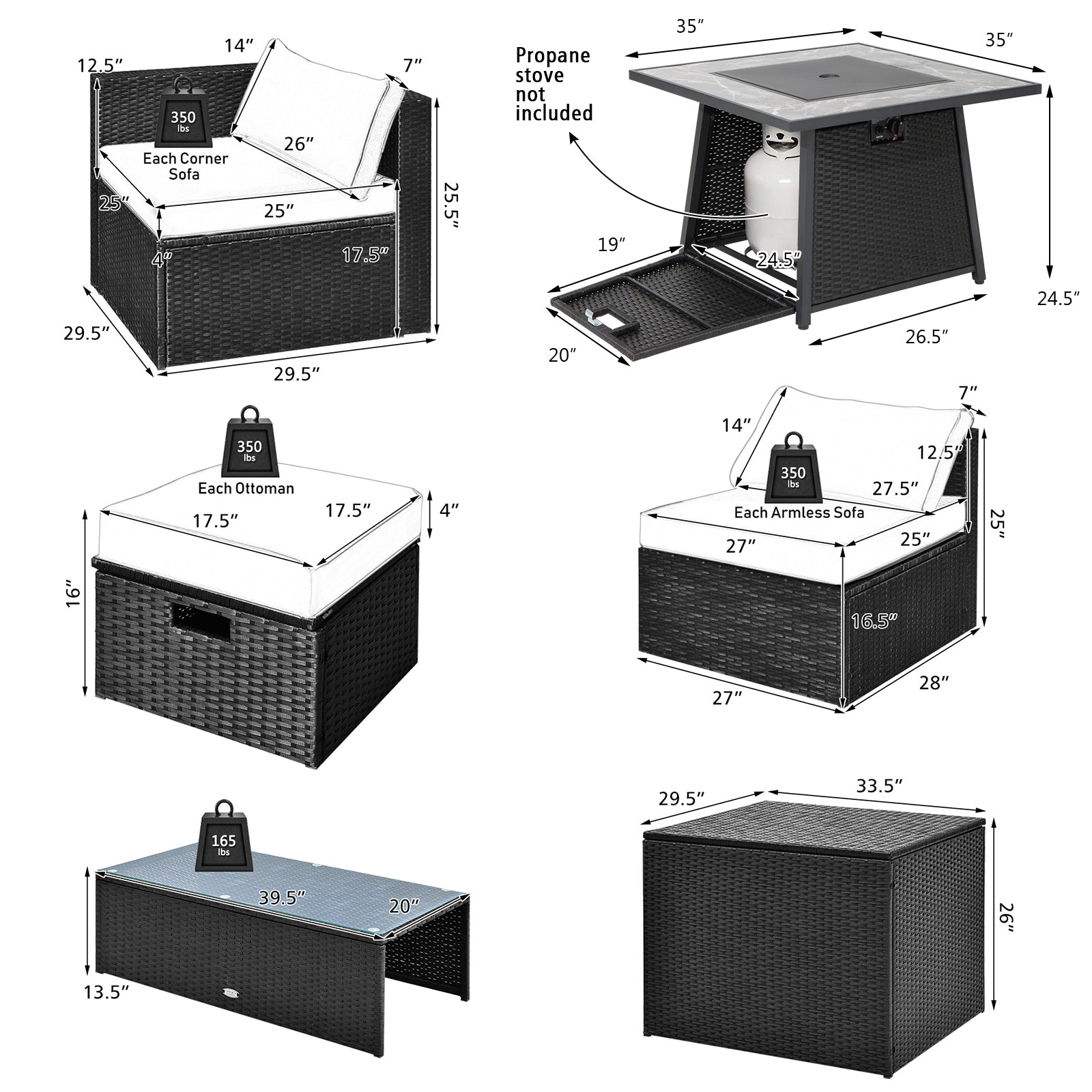 9 Pieces Outdoor Wicker Sectional with 35 Inch Gas Fire Pit Table-White