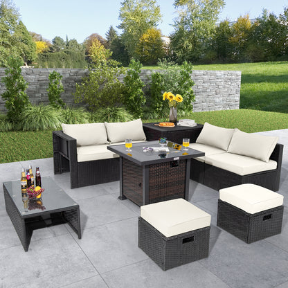 9 Pieces Patio Furniture Set with 32‚Äù Fire Pit Table and 50000 BTU Square Propane Fire Pit-White