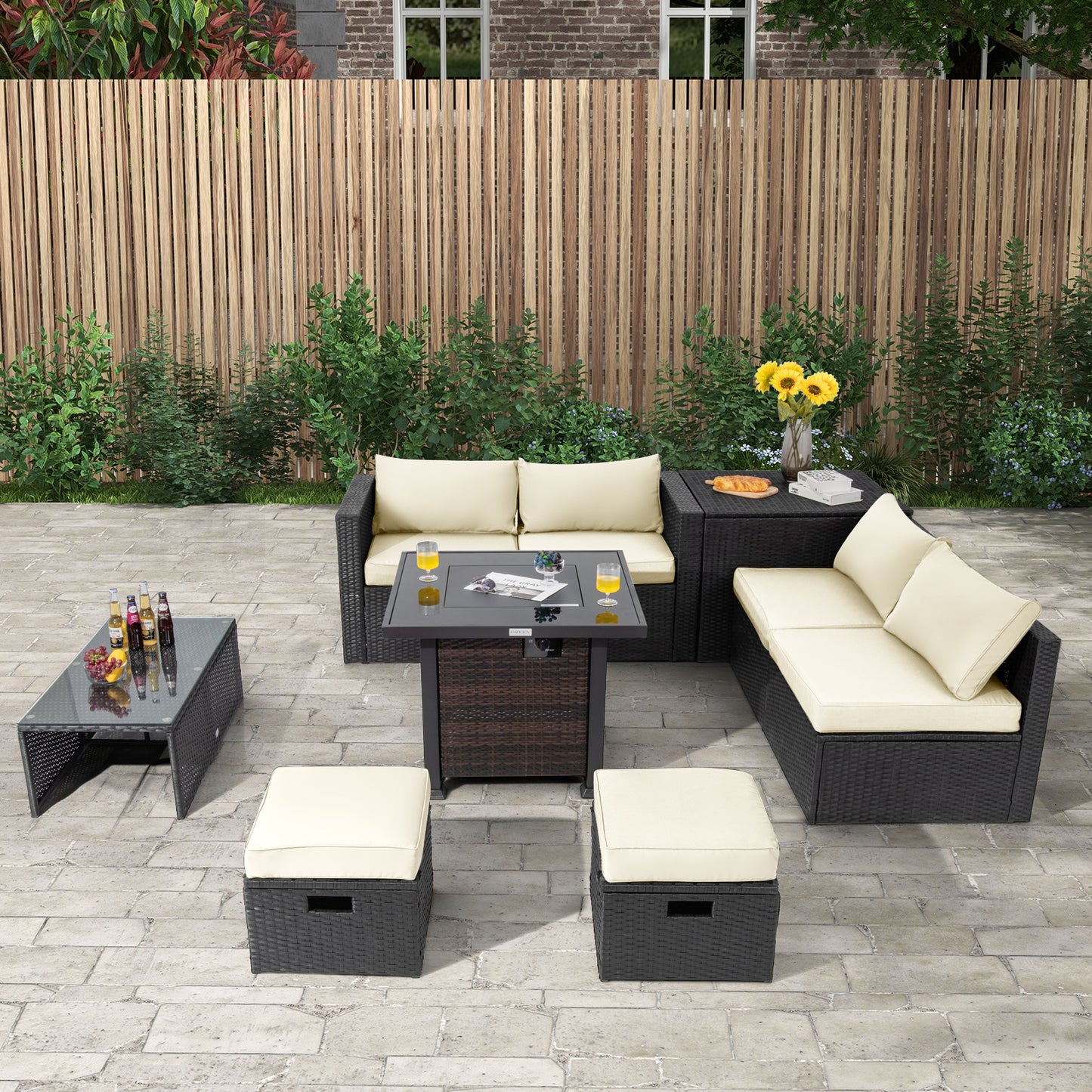 9 Pieces Patio Furniture Set with 32‚Äù Fire Pit Table and 50000 BTU Square Propane Fire Pit-White
