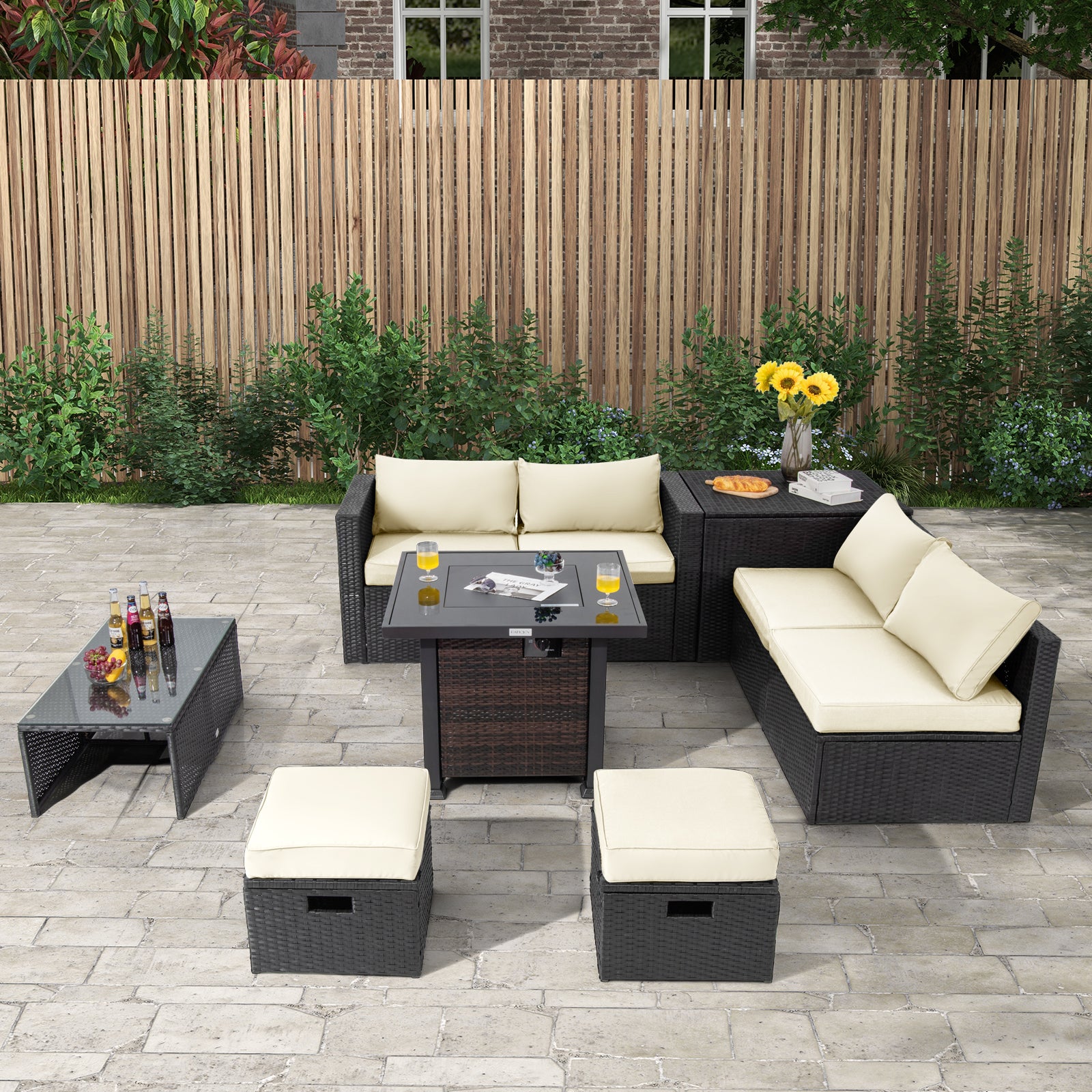 9 Pieces Patio Furniture Set with 32‚Äù Fire Pit Table and 50000 BTU Square Propane Fire Pit-White
