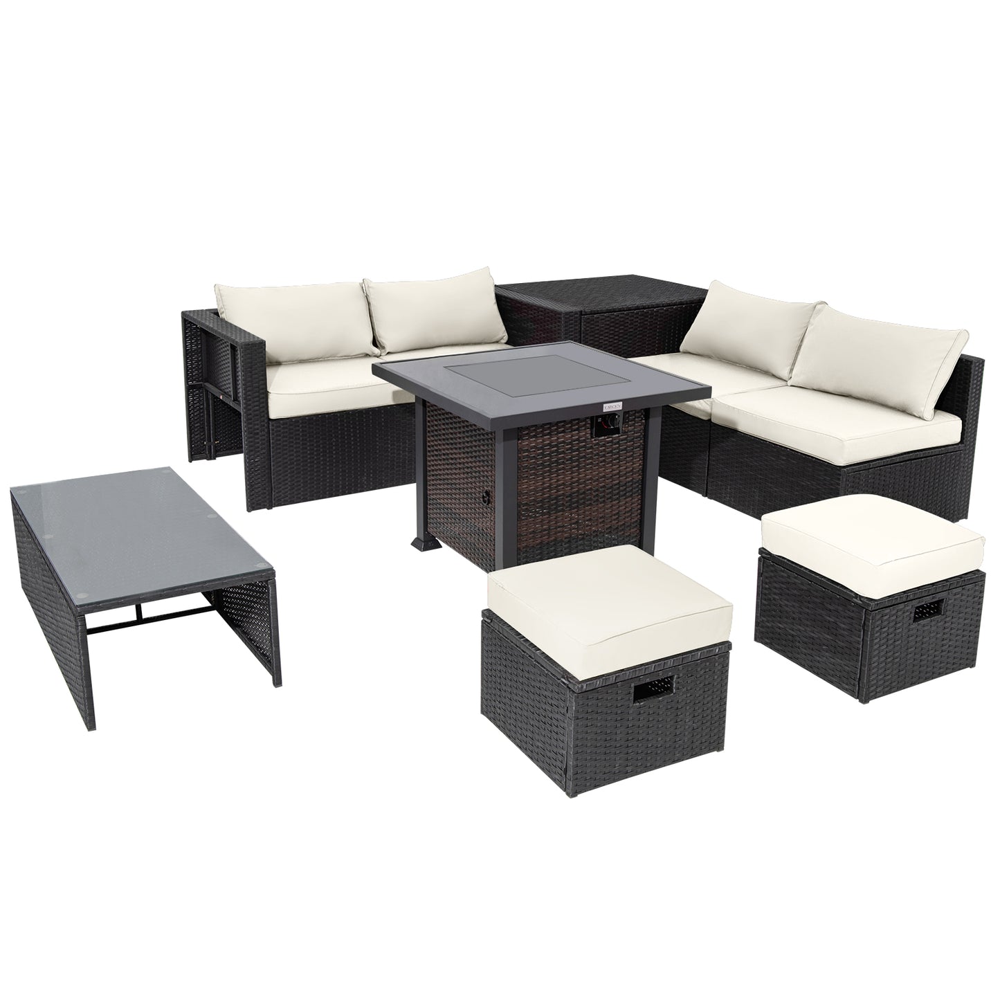 9 Pieces Patio Furniture Set with 32‚Äù Fire Pit Table and 50000 BTU Square Propane Fire Pit-White