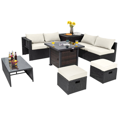 9 Pieces Patio Furniture Set with 32‚Äù Fire Pit Table and 50000 BTU Square Propane Fire Pit-White