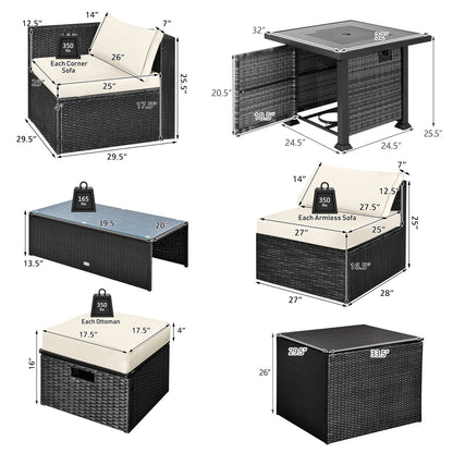 9 Pieces Patio Furniture Set with 32‚Äù Fire Pit Table and 50000 BTU Square Propane Fire Pit-White