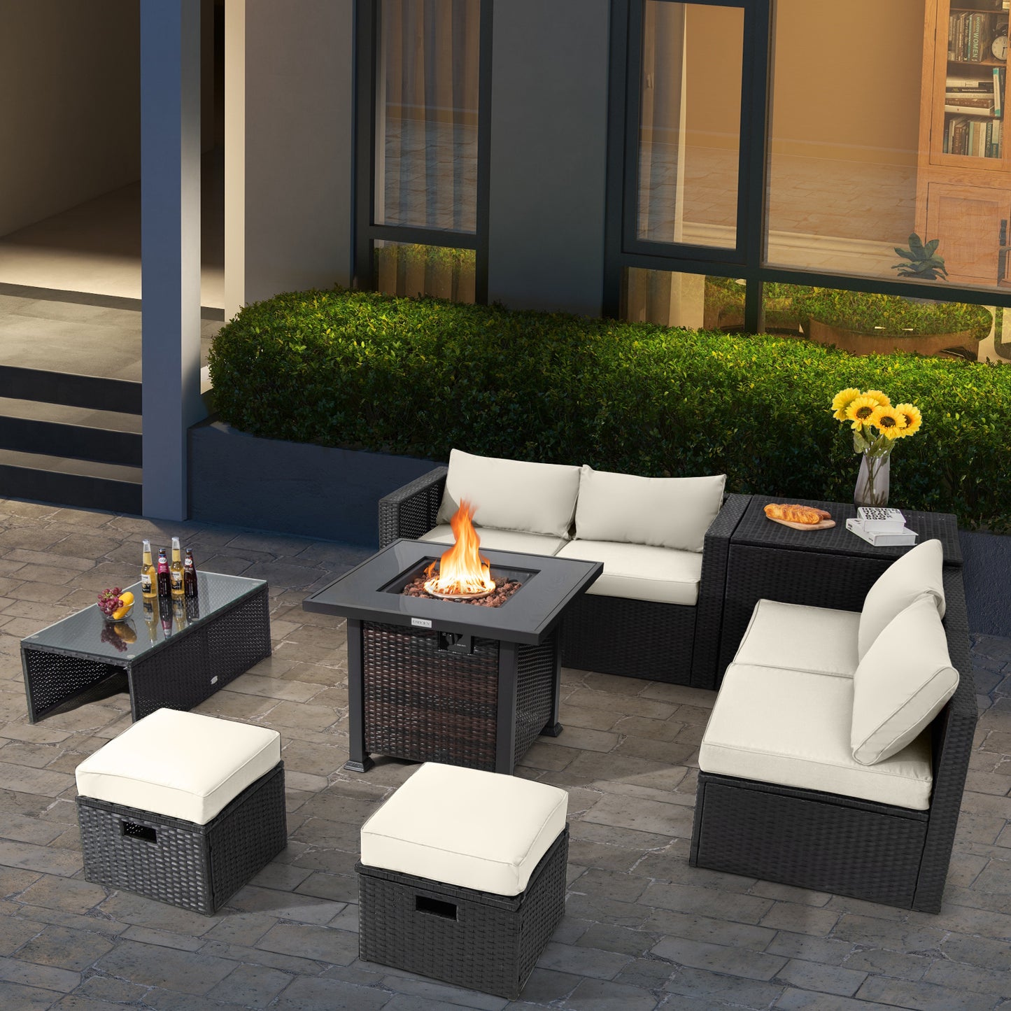 9 Pieces Patio Furniture Set with 32‚Äù Fire Pit Table and 50000 BTU Square Propane Fire Pit-White