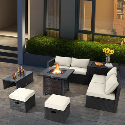 9 Pieces Patio Furniture Set with 32‚Äù Fire Pit Table and 50000 BTU Square Propane Fire Pit-White