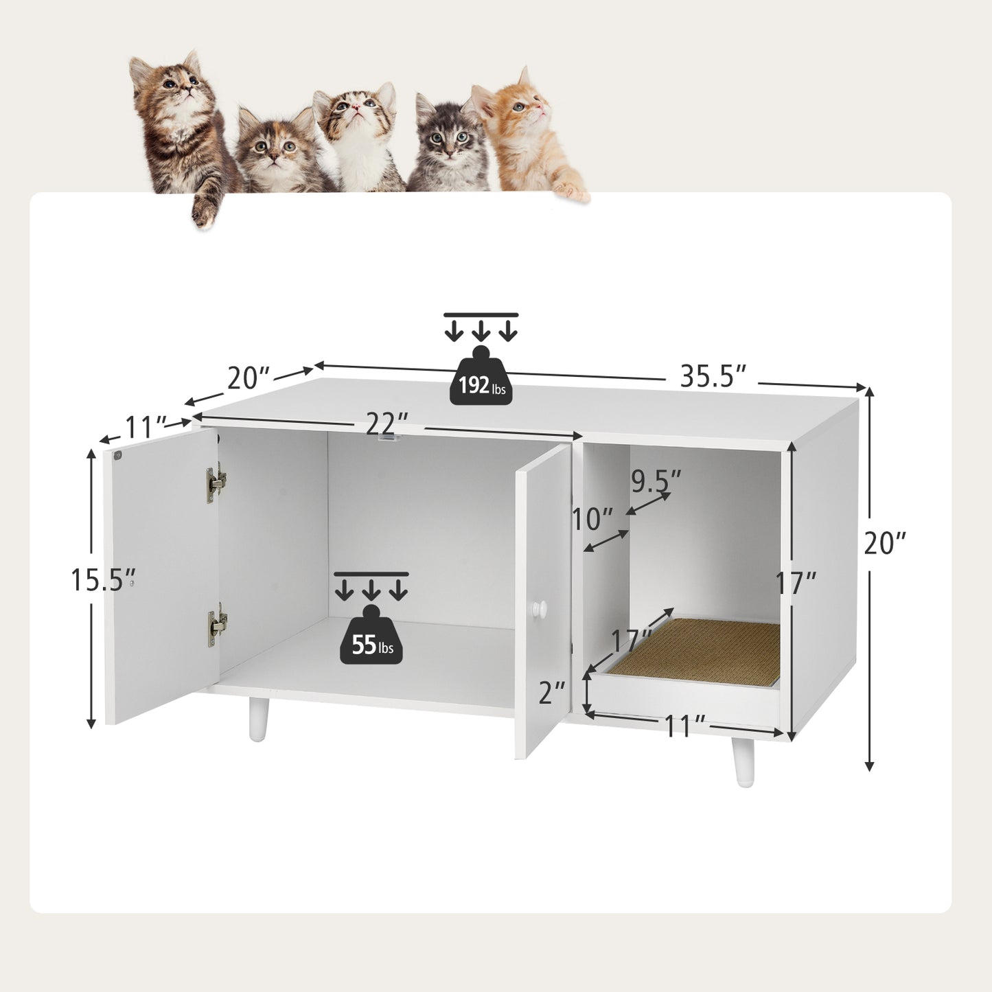 Cat Litter Box Enclosure with Divider and Double Doors-Gray - White