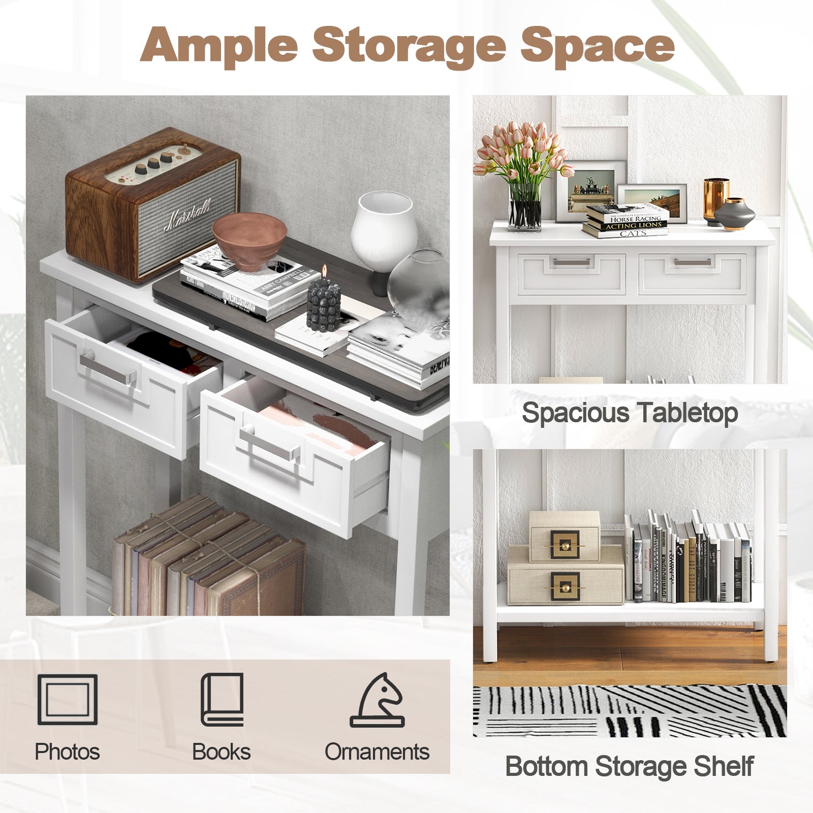Narrow Console Table with Drawers and Open Storage Shelf-White