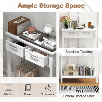 Narrow Console Table with Drawers and Open Storage Shelf-White