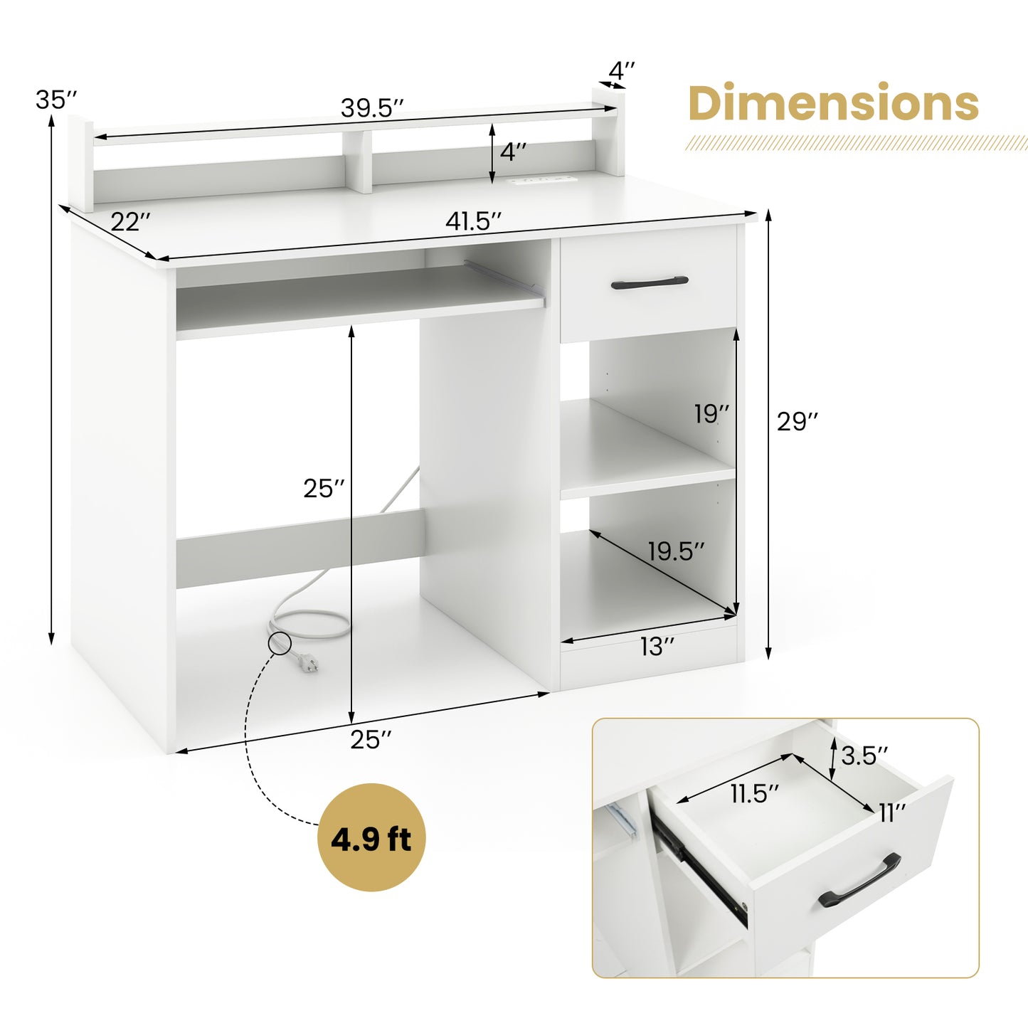 White Desk with Charging Station and Adjustable Shelf for Home Office-White