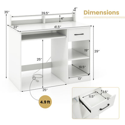 White Desk with Charging Station and Adjustable Shelf for Home Office-White