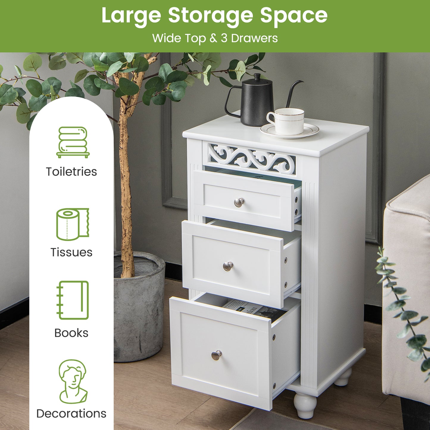 3-Drawer Freestanding Bathroom Storage Cabinet with Anti-toppling Device-White