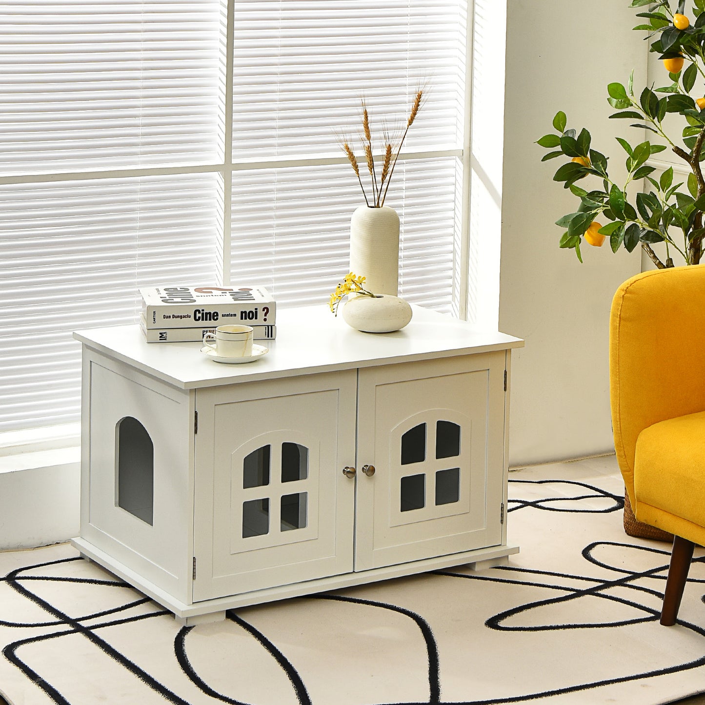 Large Wooden Cat Litter Box Enclosure Hidden Cat Washroom with Divider