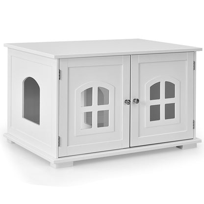 Wooden Cat Litter Box Enclosure with Divider - White