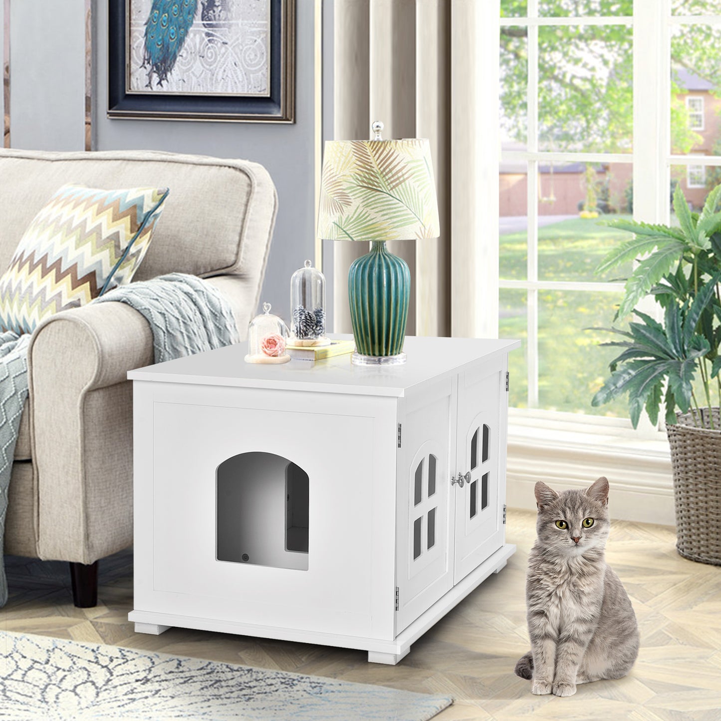 Wooden Cat Litter Box Enclosure with Divider - White
