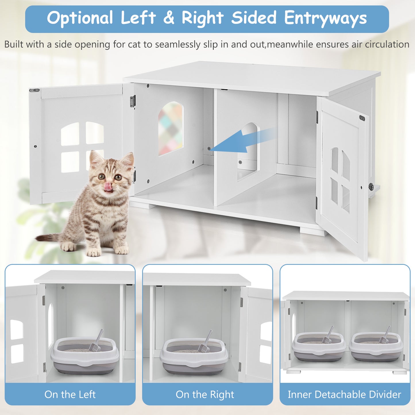 Wooden Cat Litter Box Enclosure with Divider - White