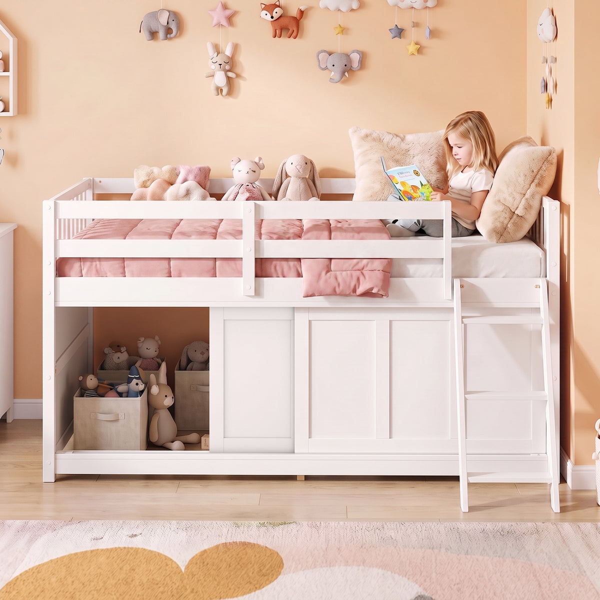 Twin Loft Bed with Sliding Door Storage Cabinet - White