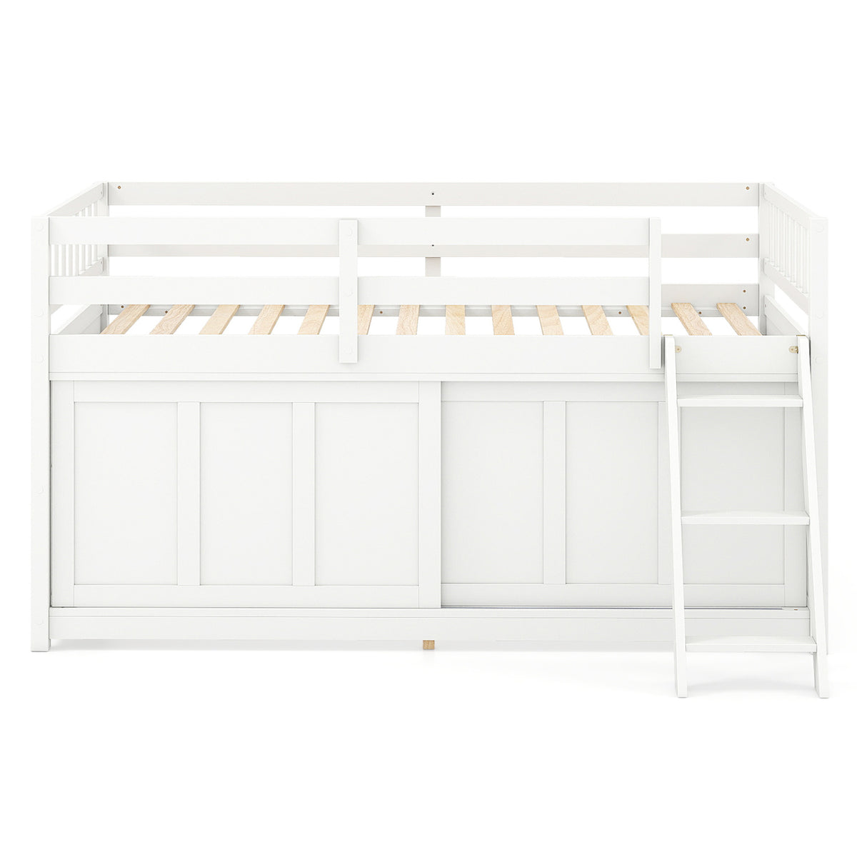 Twin Loft Bed with Sliding Door Storage Cabinet - White