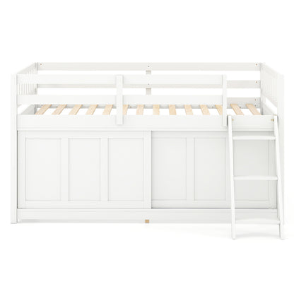 Twin Loft Bed with Sliding Door Storage Cabinet - White