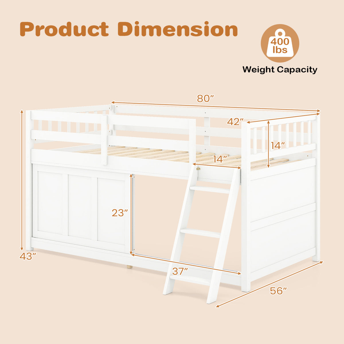 Twin Loft Bed with Sliding Door Storage Cabinet - White