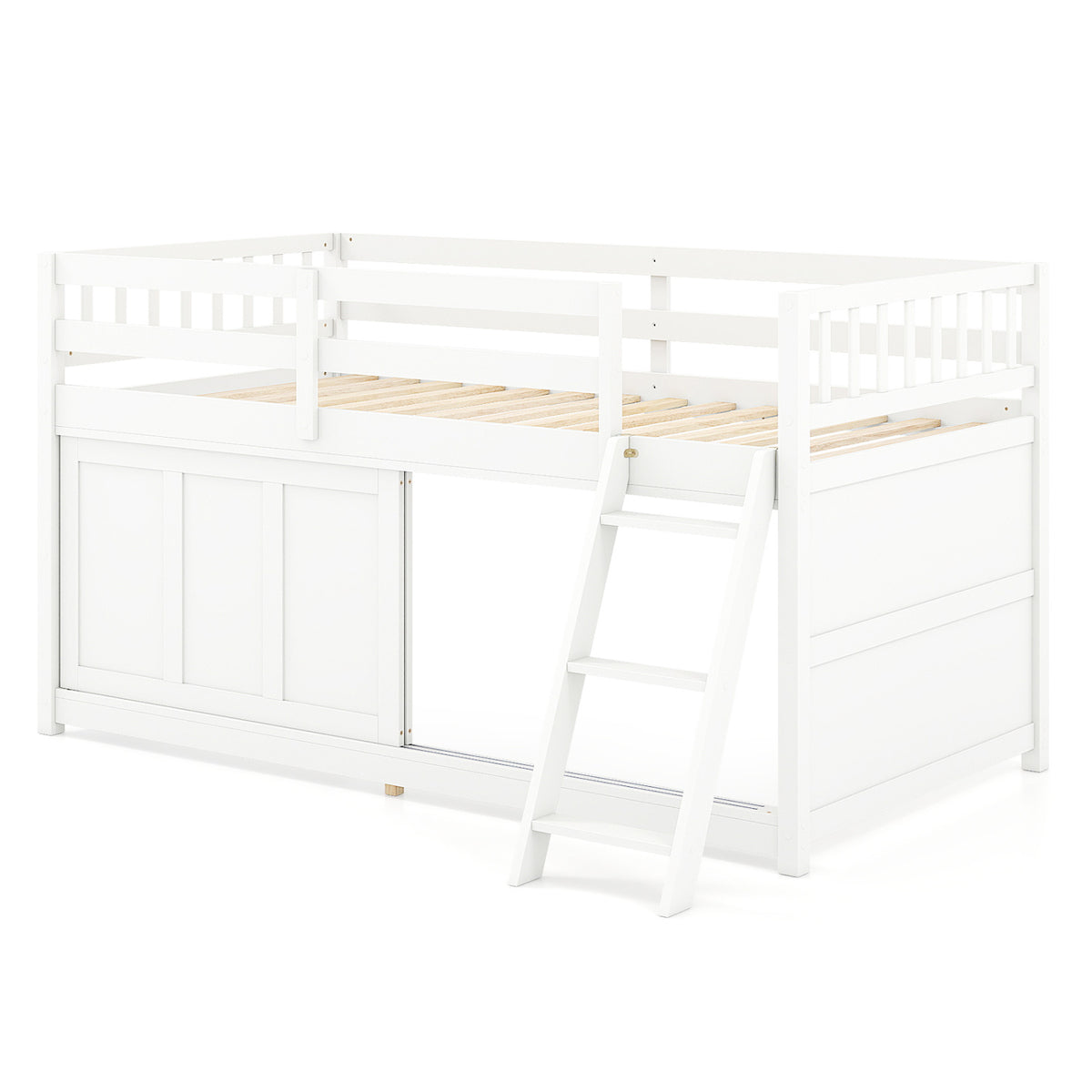 Twin Loft Bed with Sliding Door Storage Cabinet - White
