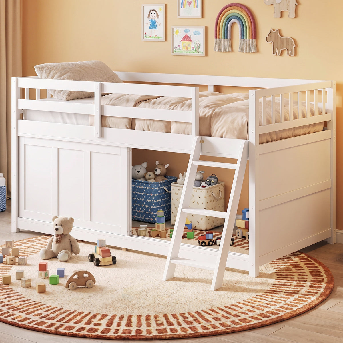 Twin Loft Bed with Sliding Door Storage Cabinet - White