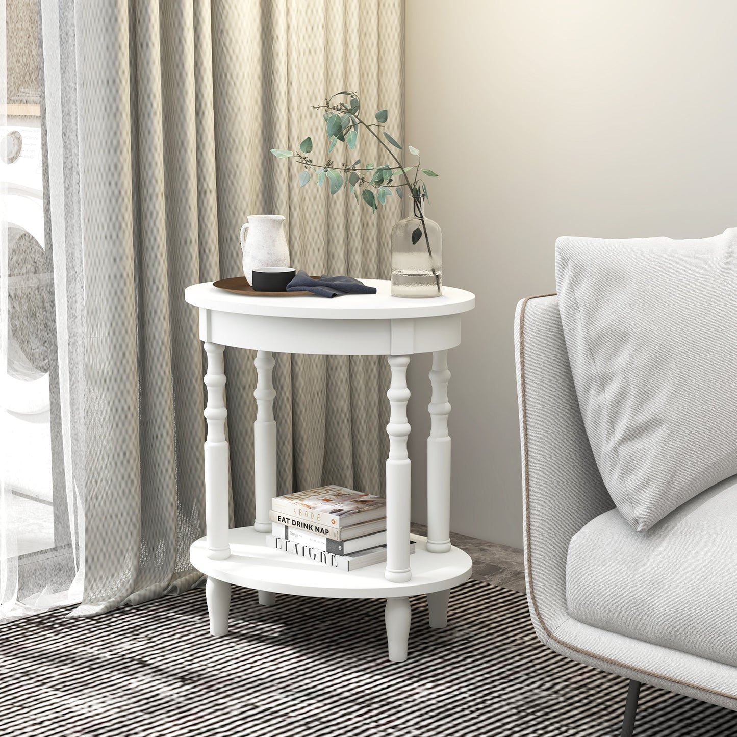 Oval Side Table with Storage Shelf and Wood Legs