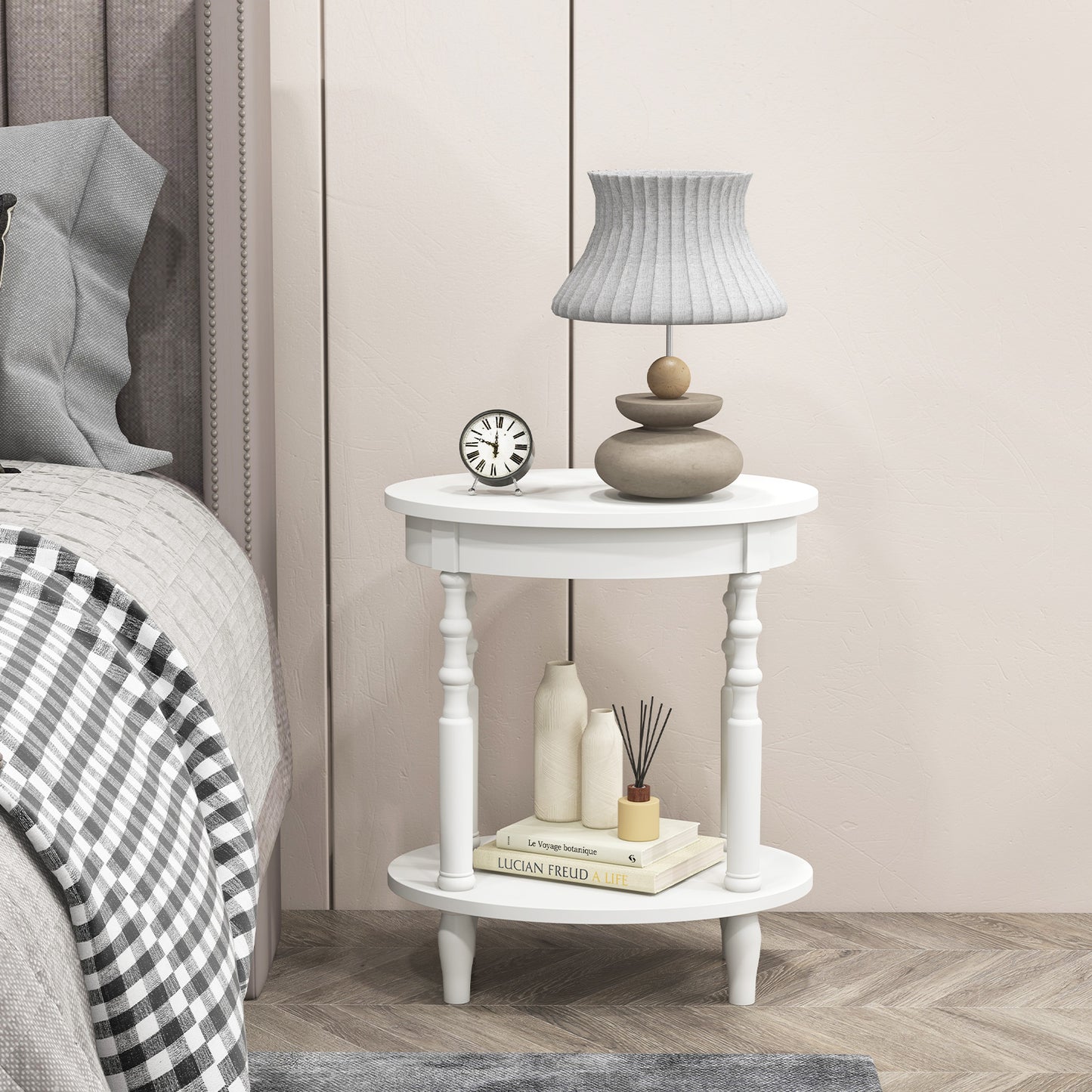 Oval Side Table with Storage Shelf and Wood Legs