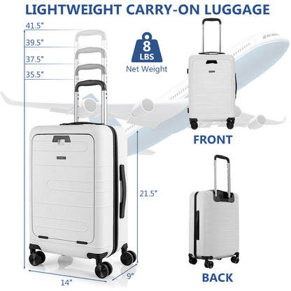 20 Inch Carry-on Luggage PC Hardside Suitcase TSA Lock with Front Pocket and USB Port-White
