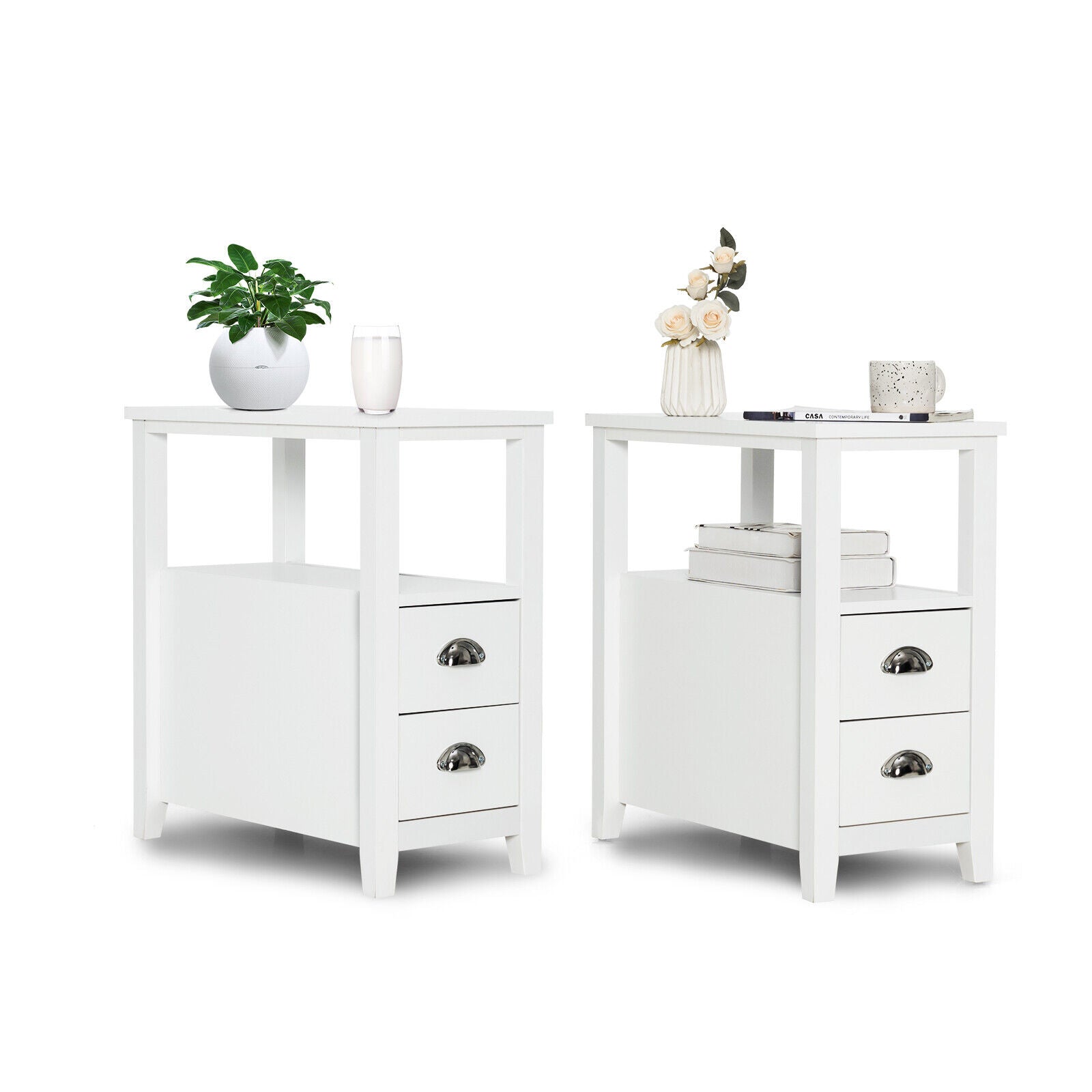 Set of 2 End Table Wooden with 2 Drawer & Shelf Bedside Table