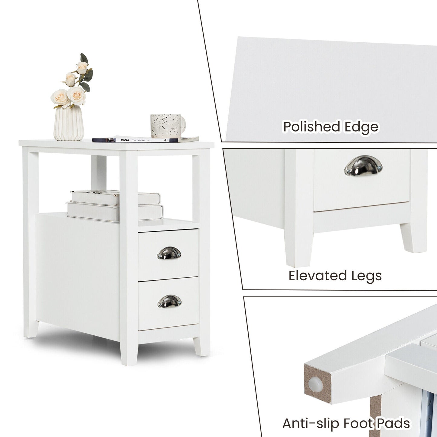 Set of 2 End Table Wooden with 2 Drawer & Shelf Bedside Table