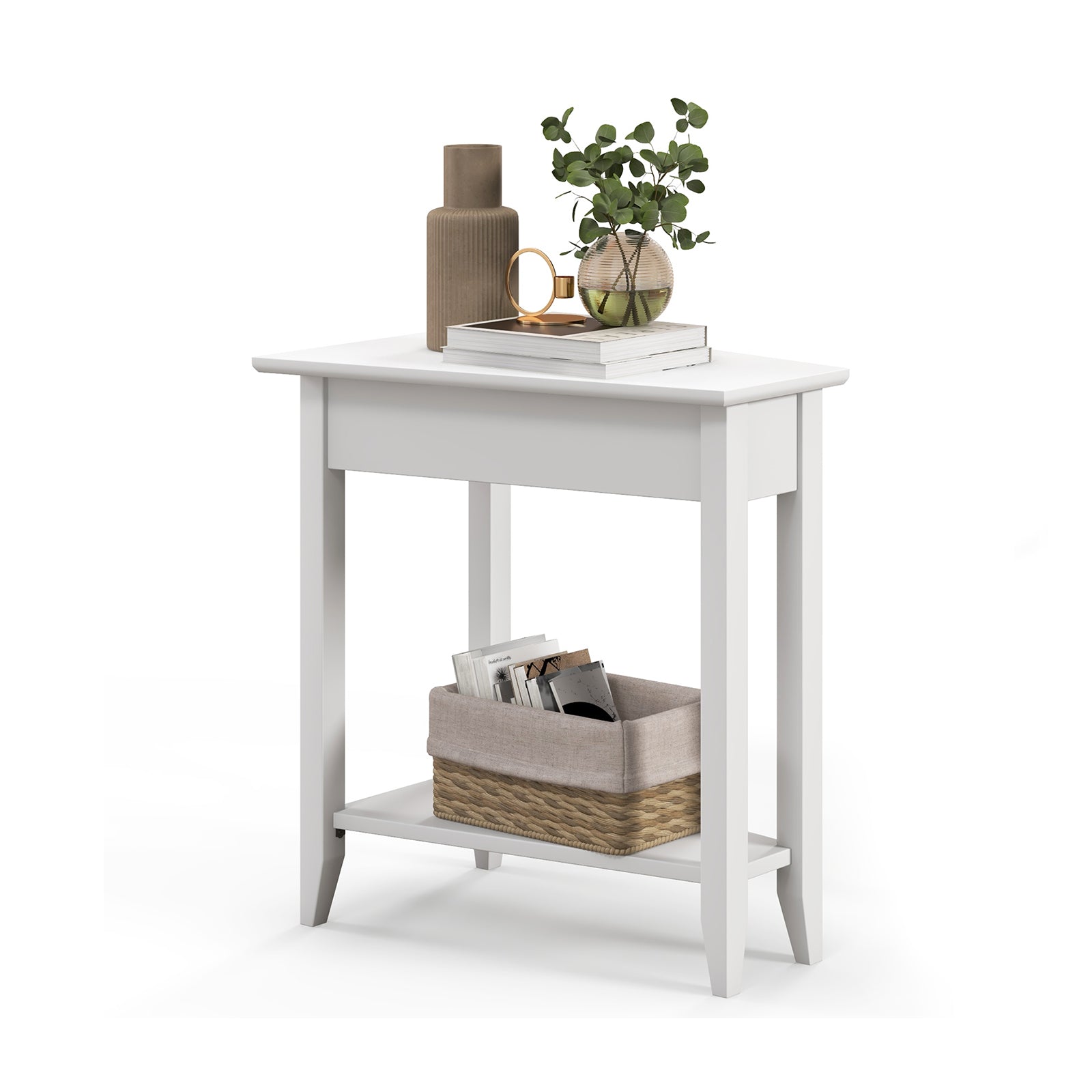 2-Tier Wedge Narrow End Table with Storage Shelf and Solid Wood Legs-White - White