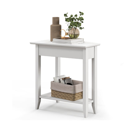 2-Tier Wedge Narrow End Table with Storage Shelf and Solid Wood Legs-White - White