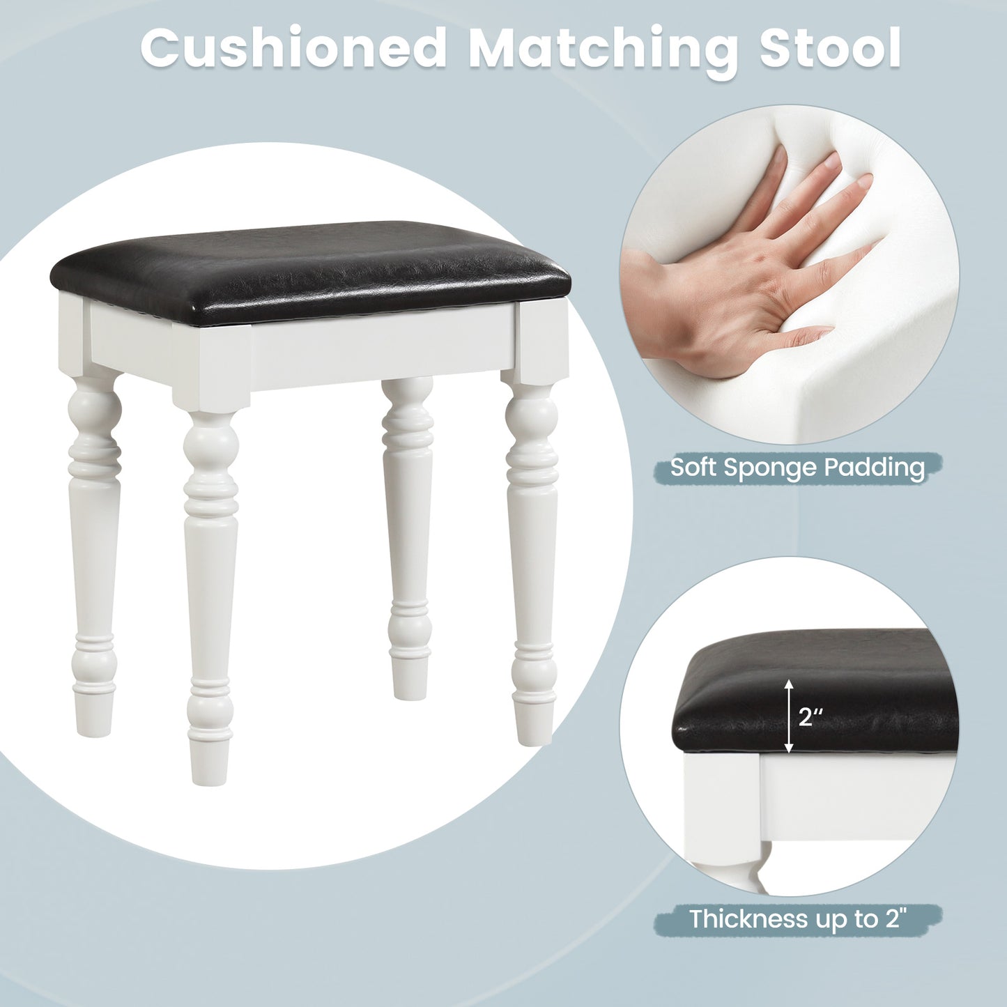 Makeup Vanity Table and Stool Set with Detachable Mirror and 3 Drawers Storage-White