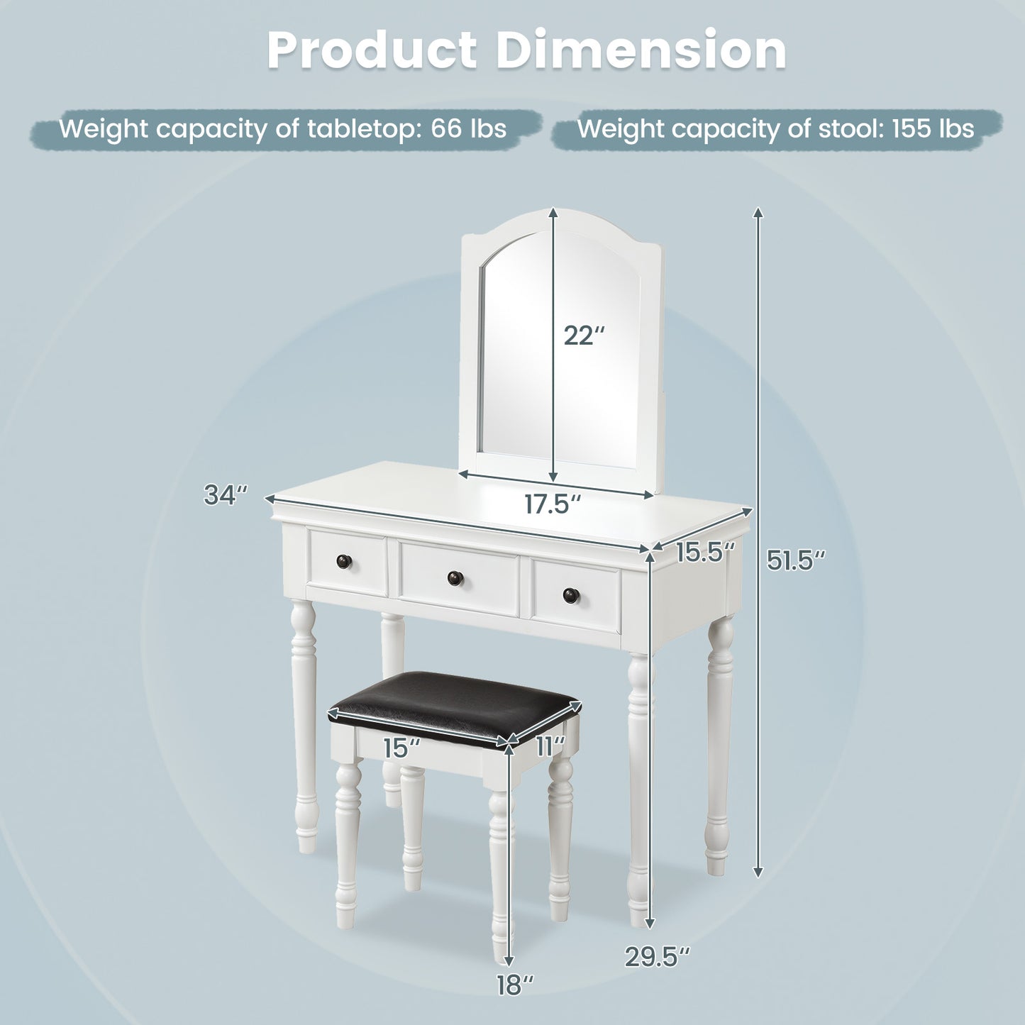 Makeup Vanity Table and Stool Set with Detachable Mirror and 3 Drawers Storage-White