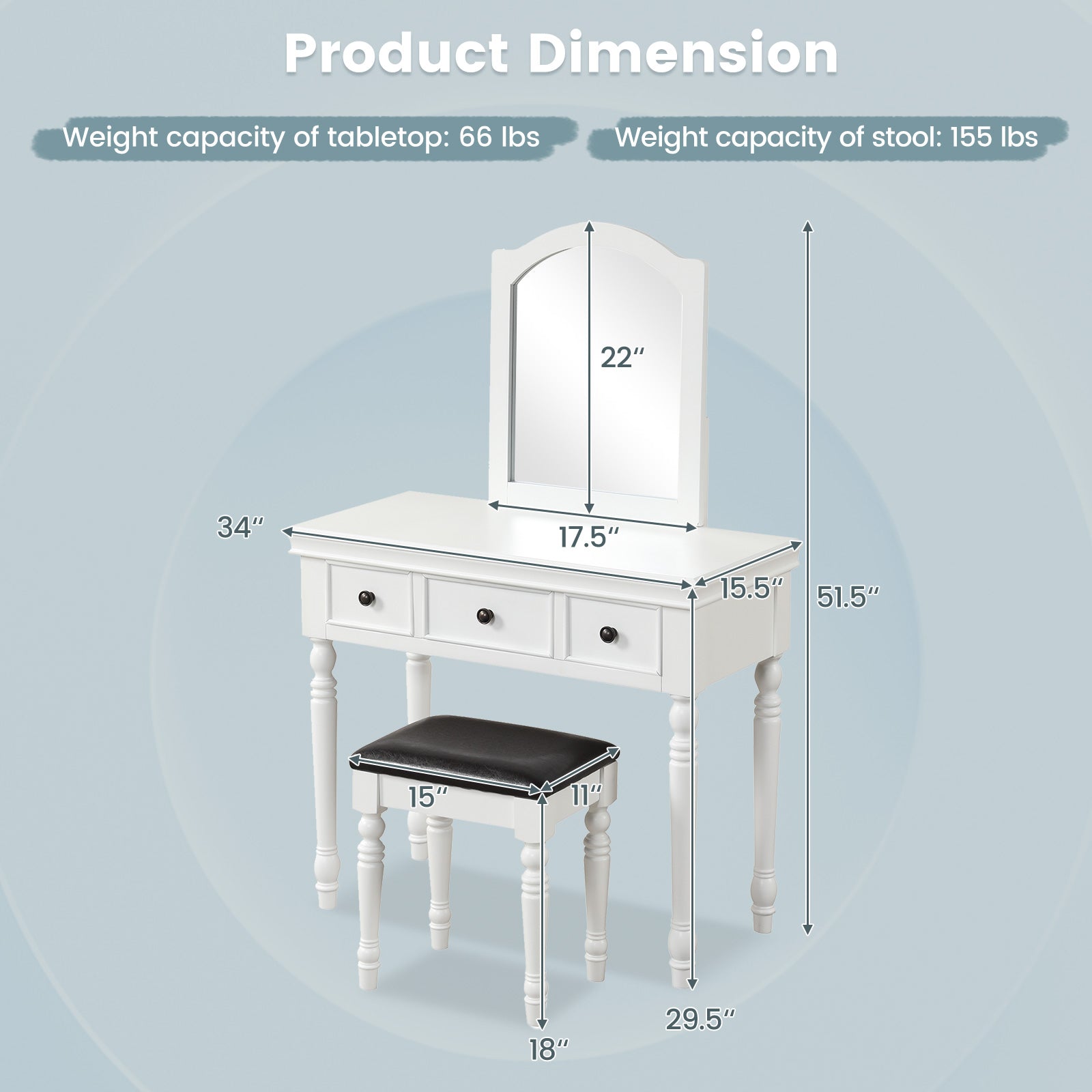 Makeup Vanity Table and Stool Set with Detachable Mirror and 3 Drawers Storage-White