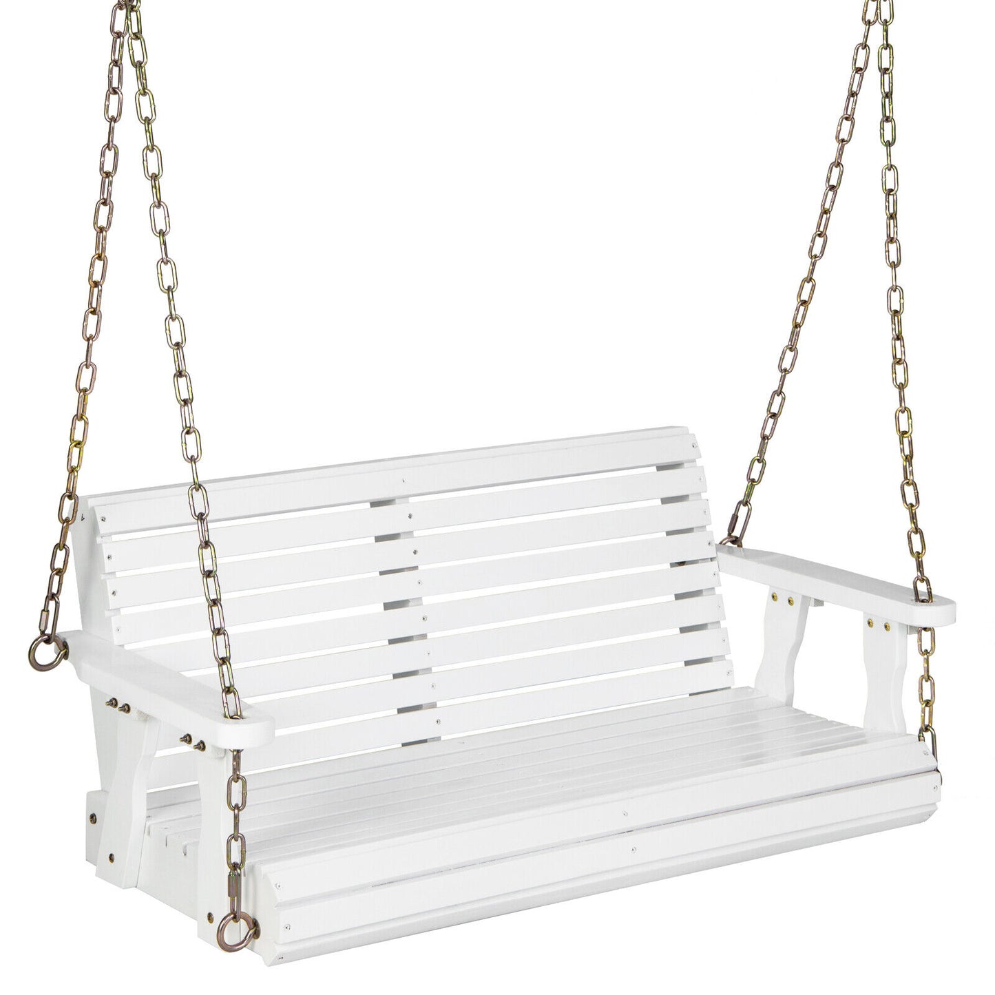 2-Person Wooden Porch Swing with Hanging Chains for Garden Yard-White