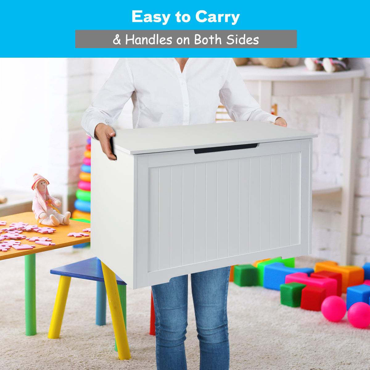 Wooden Toy Box Kids Storage Chest Bench -White