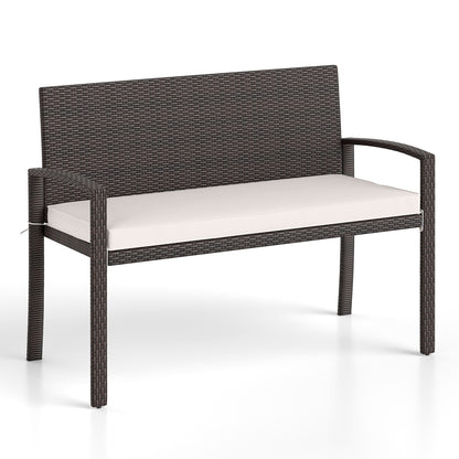 Wicker 2-Seat Bench with Soft Seat Cushion and Metal Frame-White