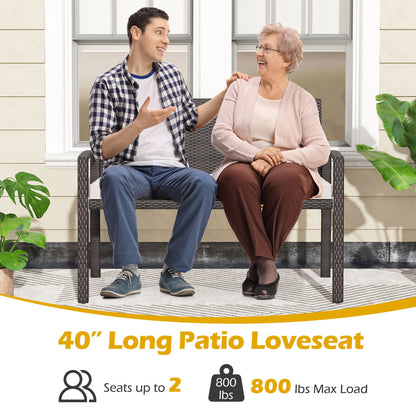 Wicker 2-Seat Bench with Soft Seat Cushion and Metal Frame-White