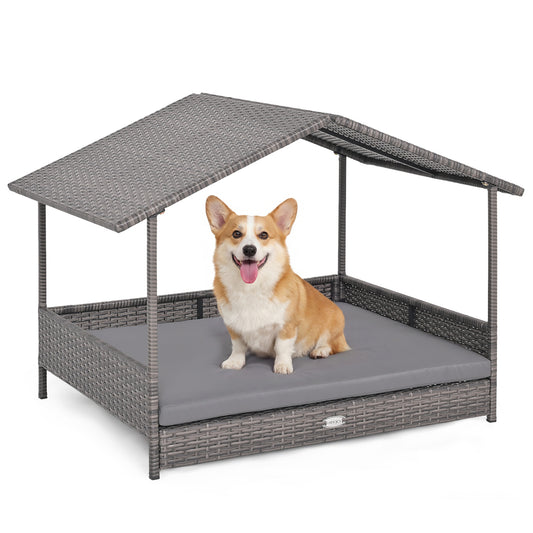 Wicker Dog House Elevated PE Rattan Dog Bed with Canopy