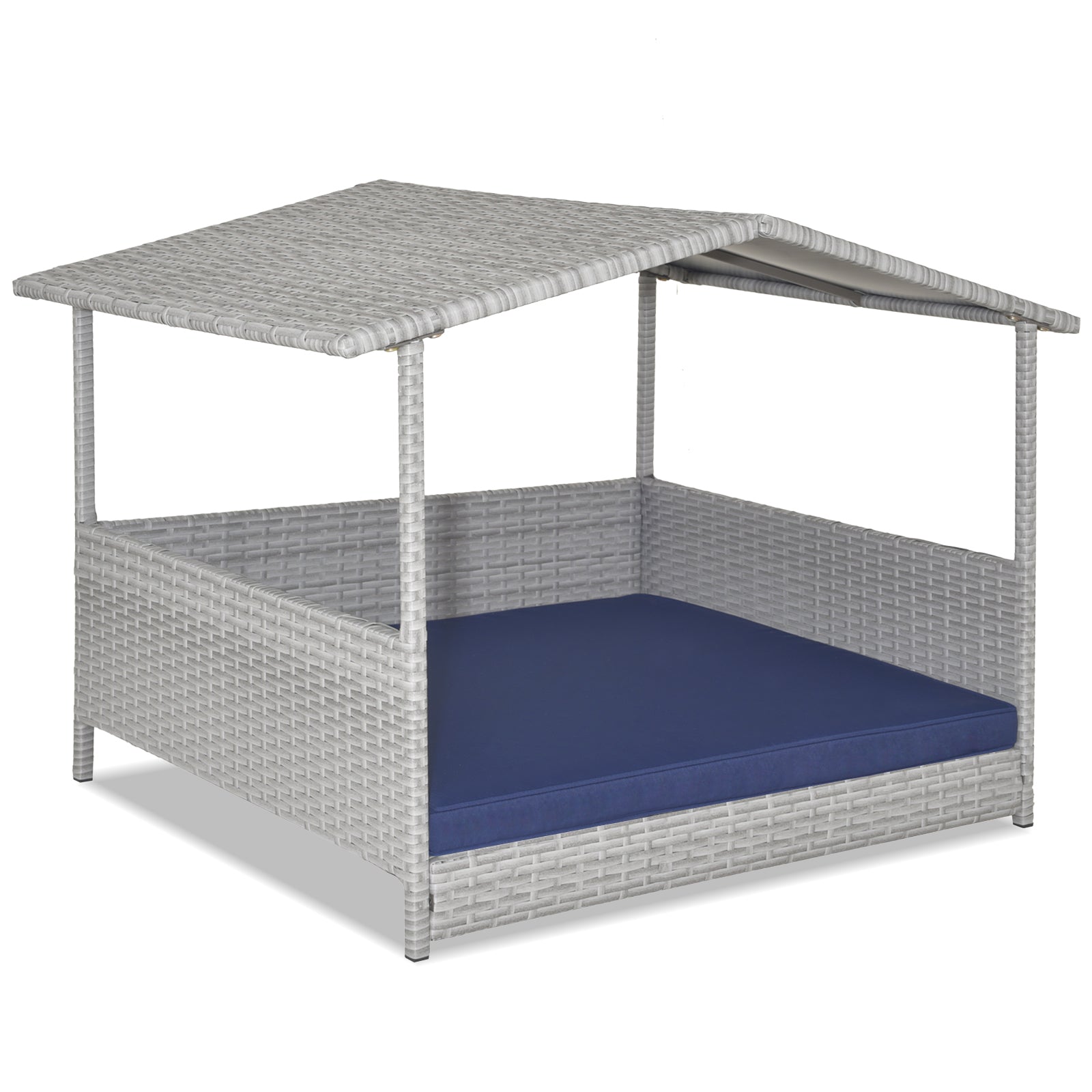 Wicker Dog House with Waterproof Roof and Washable Cushion Cover-Navy - Navy