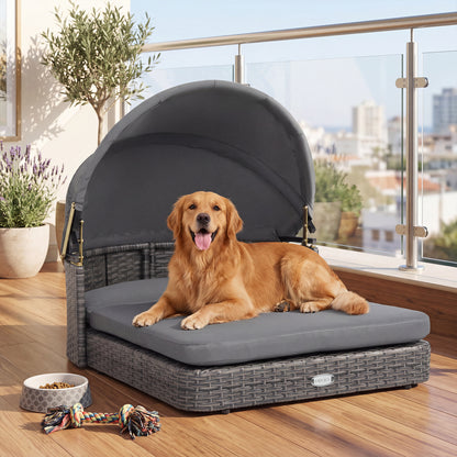 Wicker Dog House with Adjustable Canopy & Cushions