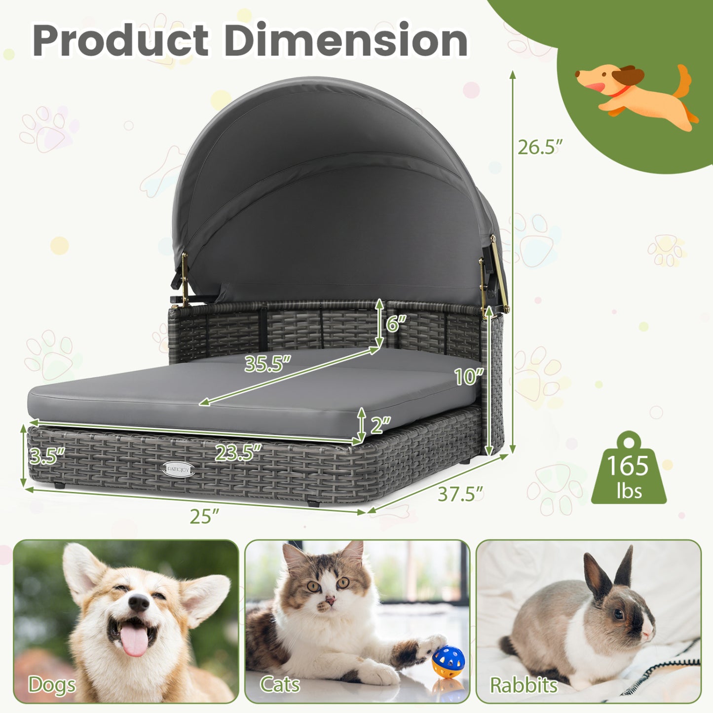 Wicker Dog House with Adjustable Canopy & Cushions