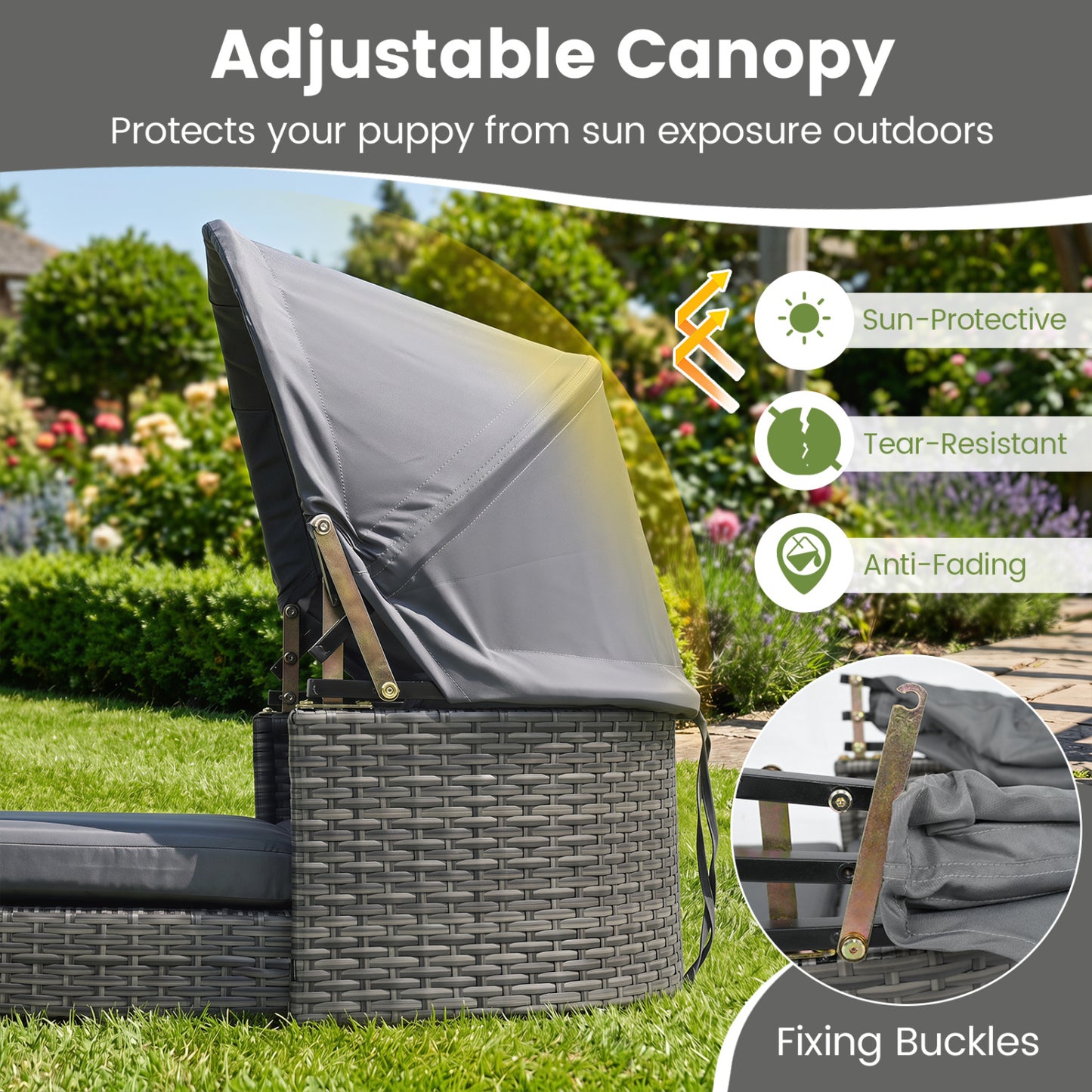 Wicker Dog House with Adjustable Canopy & Cushions