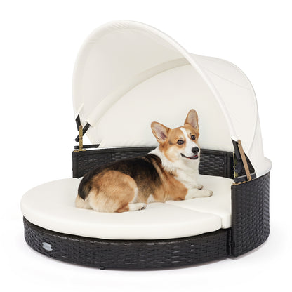 Wicker Dog House with Retractable Canopy & Cushion