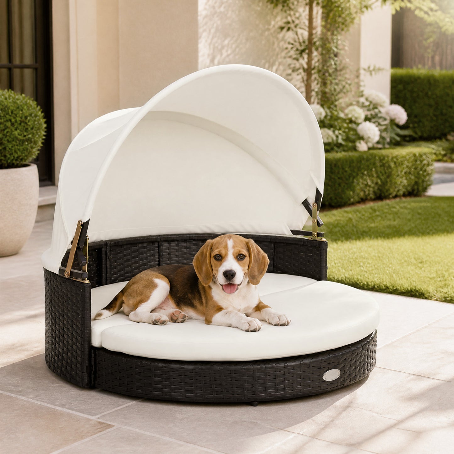 Wicker Dog House with Retractable Canopy & Cushion