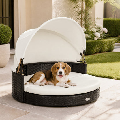 Wicker Dog House with Retractable Canopy & Cushion