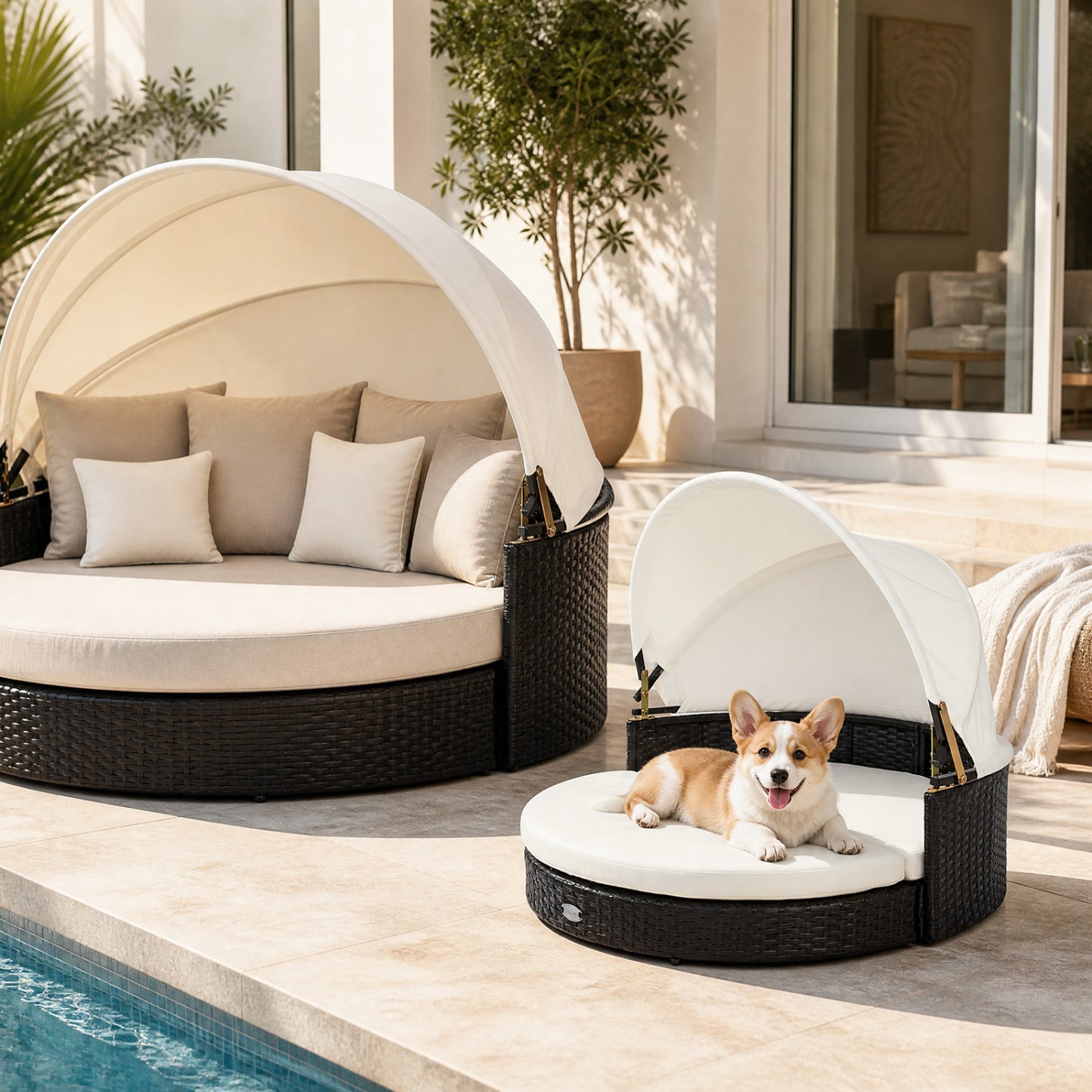 Wicker Dog House with Retractable Canopy & Cushion